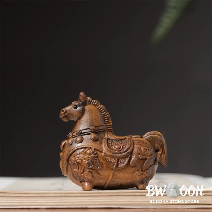 Buddha Stones Mini Year of the Horse Lotus Ebony Linden Wood Green Sandalwood Decoration 5.5*5*3.2cm - Decorations