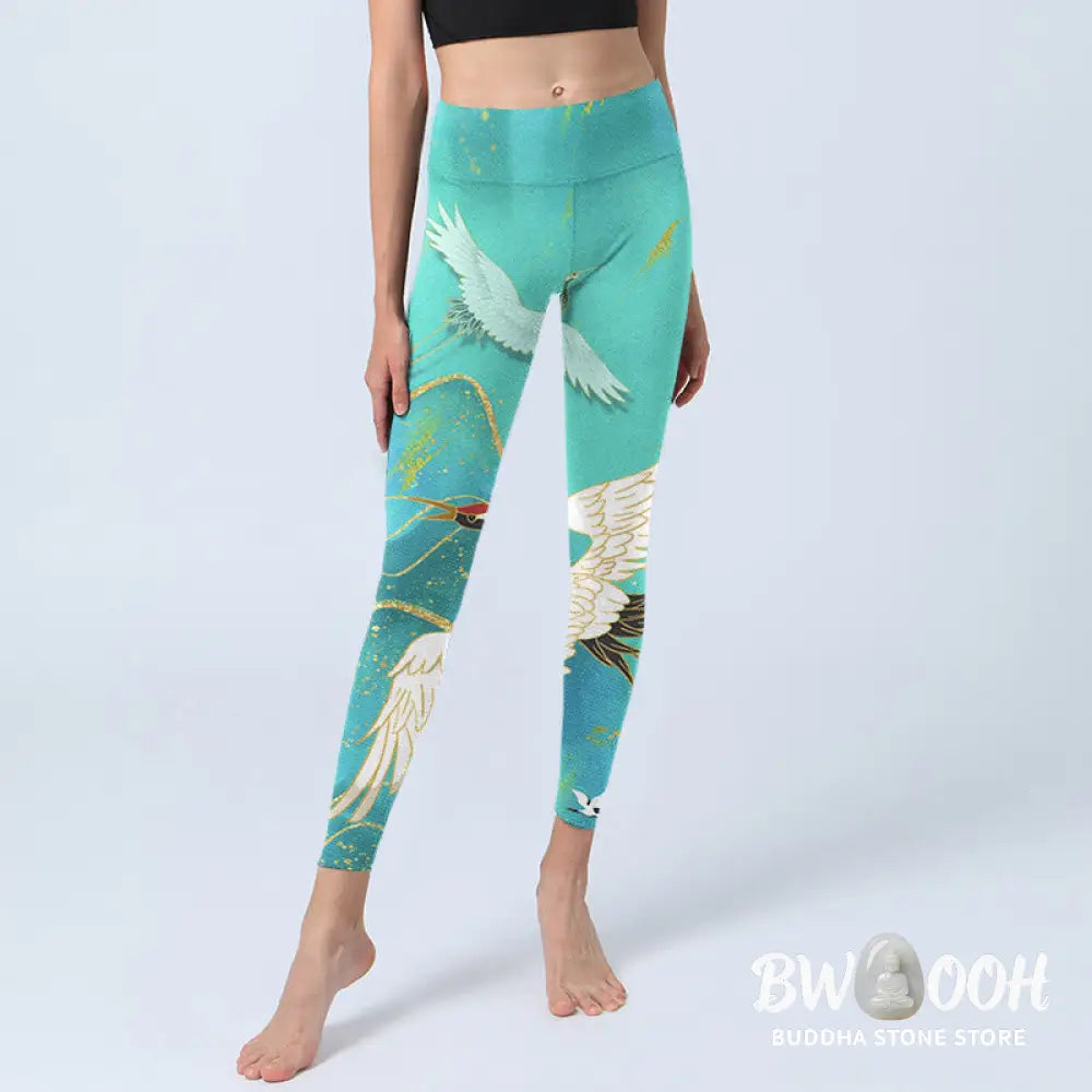 BWOOOH printed yoga leggings - Mint Green Mountain Crane Print Fitness 
