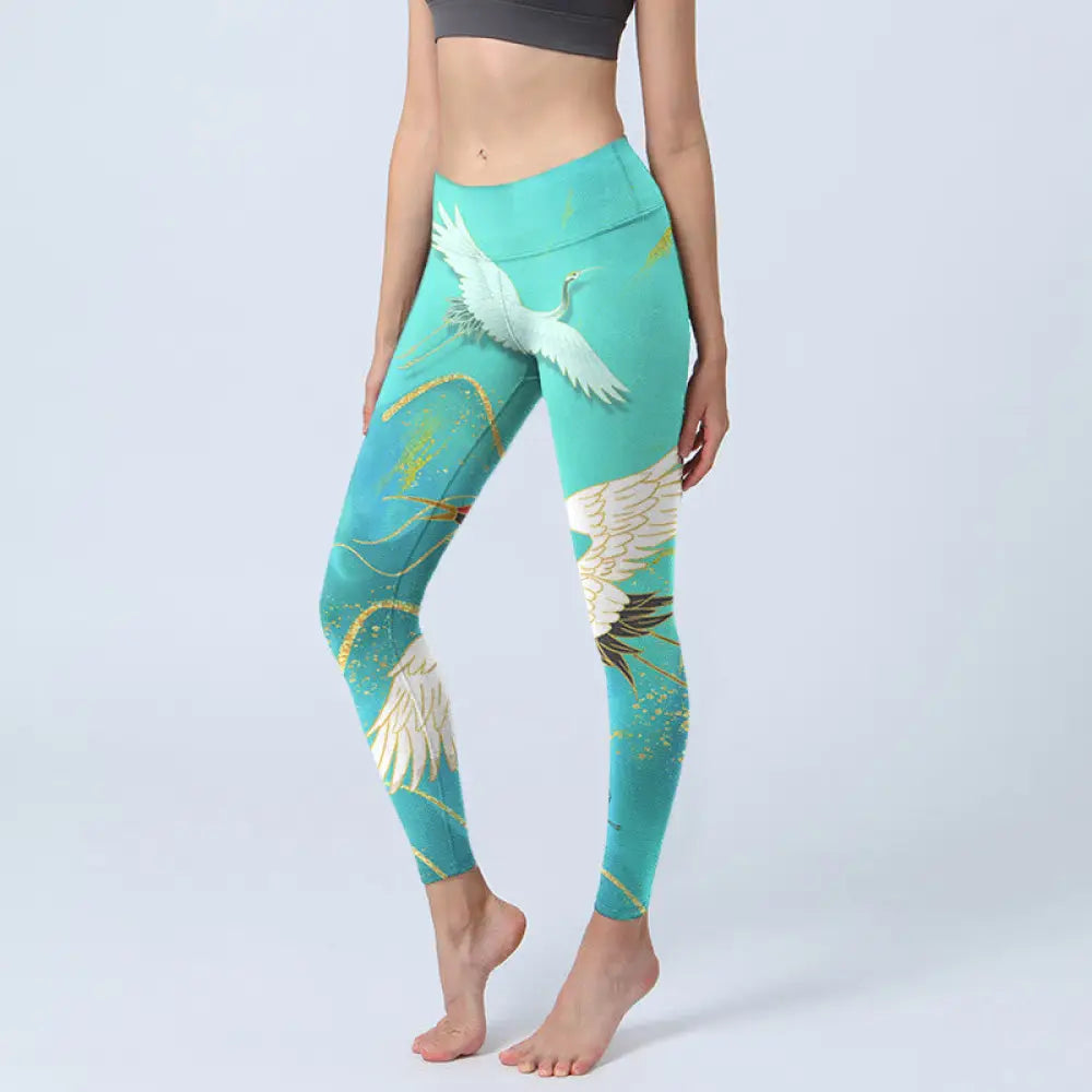 BWOOOH printed yoga leggings - Mint Green Mountain Crane Print Fitness 