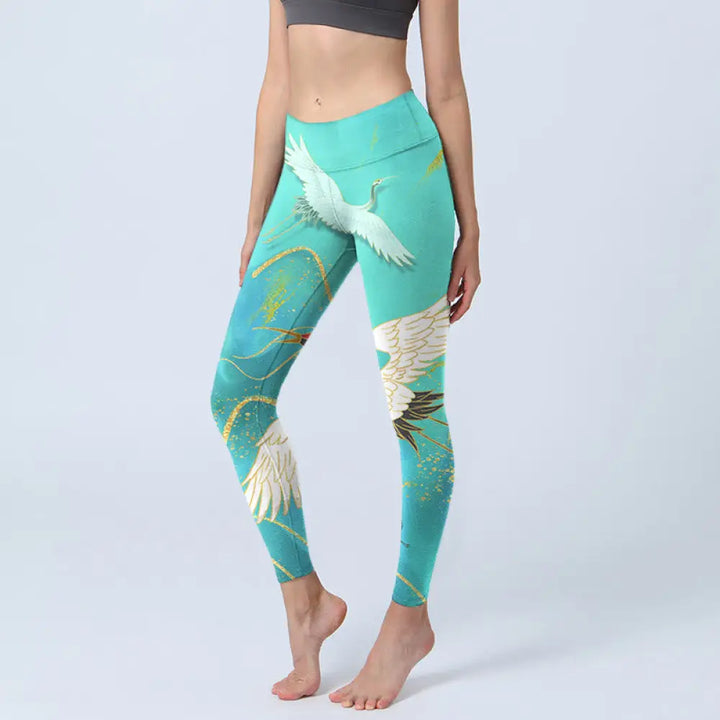 BWOOOH printed yoga leggings - Mint Green Mountain Crane Print Fitness 