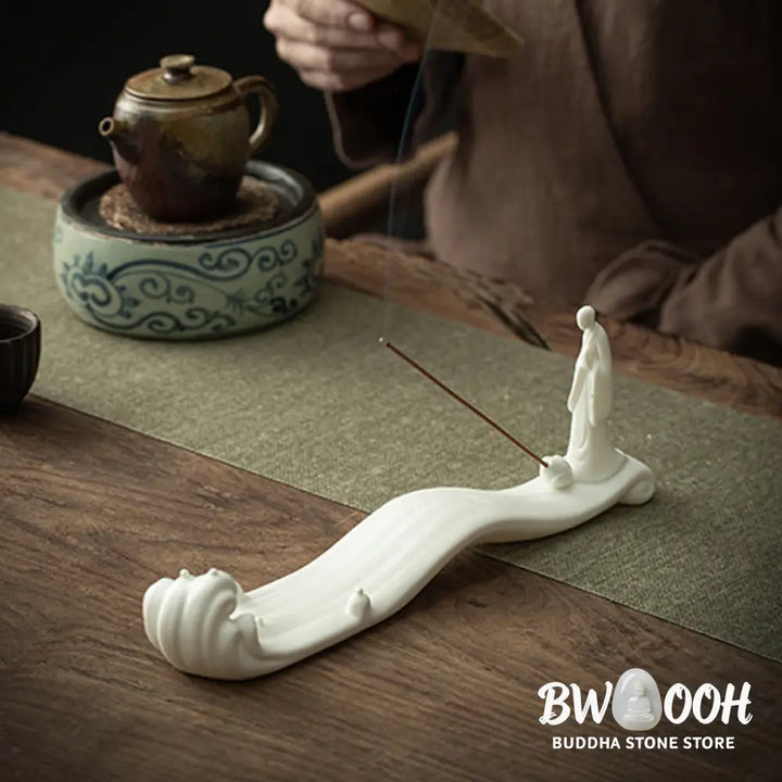 BWOOOH Buddha Monk Ceramic Sea Wave Mountain Blessing Incense Burner Decoration - White 26*5.5*9cm - Incense