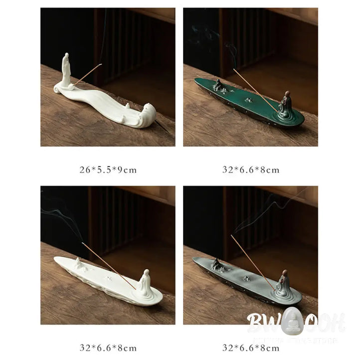 BWOOOH Buddha Monk Ceramic Sea Wave Mountain Blessing Incense Burner Decoration - White 26*5.5*9cm - Incense