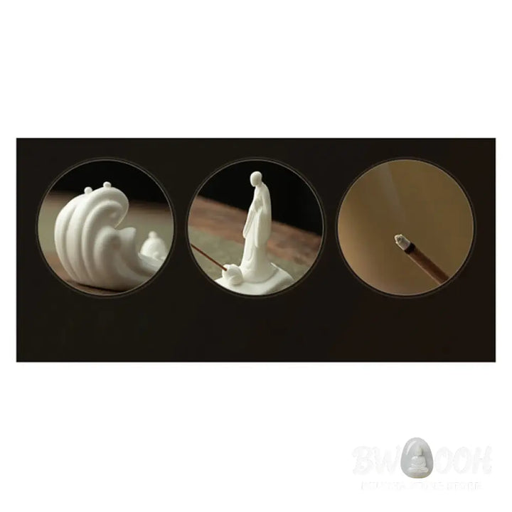 BWOOOH Buddha Monk Ceramic Sea Wave Mountain Blessing Incense Burner Decoration - White 26*5.5*9cm - Incense