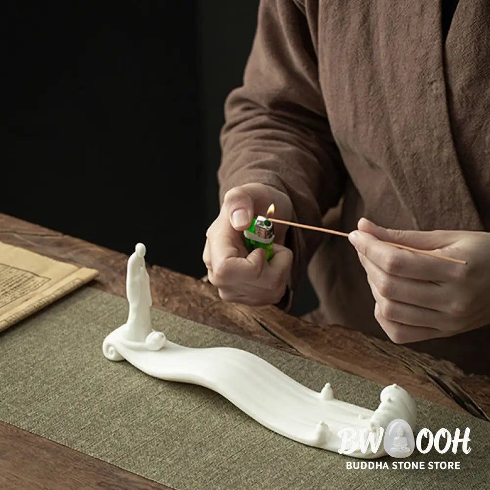 BWOOOH Buddha Monk Ceramic Sea Wave Mountain Blessing Incense Burner Decoration - White 26*5.5*9cm - Incense