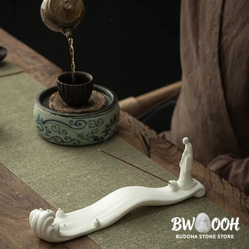 BWOOOH Buddha Monk Ceramic Sea Wave Mountain Blessing Incense Burner Decoration - White 26*5.5*9cm - Incense