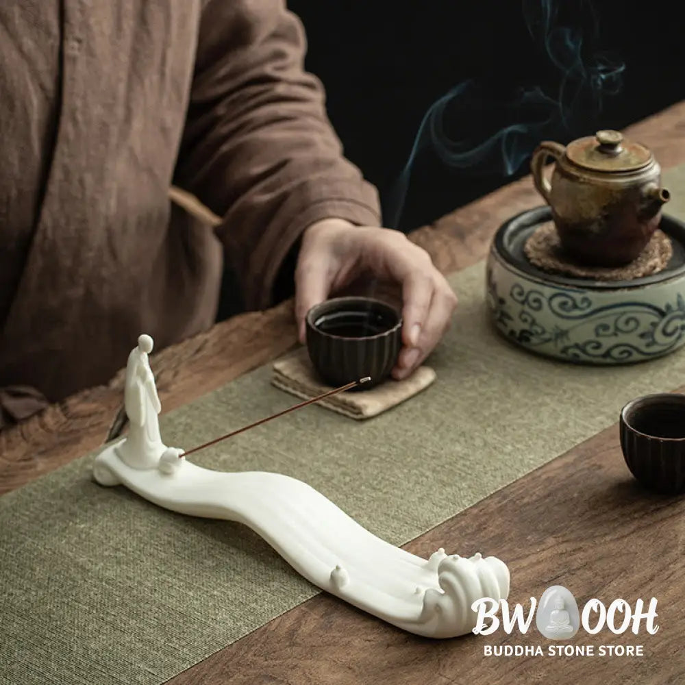 BWOOOH Buddha Monk Ceramic Sea Wave Mountain Blessing Incense Burner Decoration - White 26*5.5*9cm - Incense
