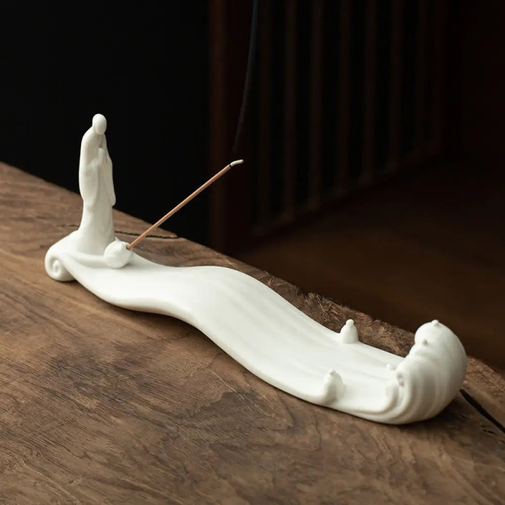 BWOOOH Buddha Monk Ceramic Sea Wave Mountain Blessing Incense Burner Decoration - White 26*5.5*9cm - Incense