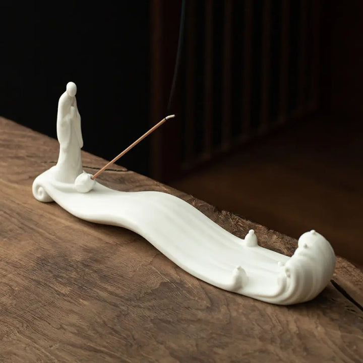 BWOOOH Buddha Monk Ceramic Sea Wave Mountain Blessing Incense Burner Decoration - White 26*5.5*9cm - Incense