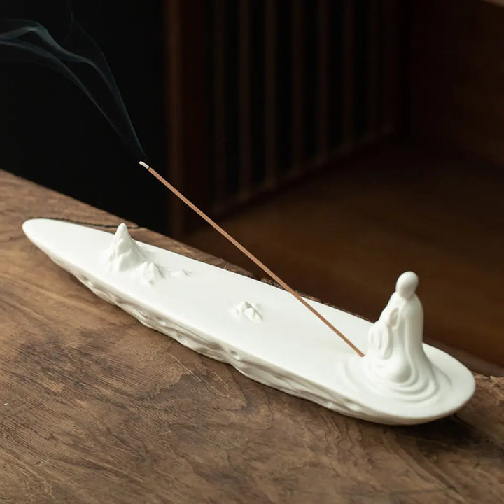 BWOOOH Buddha Monk Ceramic Sea Wave Mountain Blessing Incense Burner Decoration - White 26*5.5*9cm - Incense