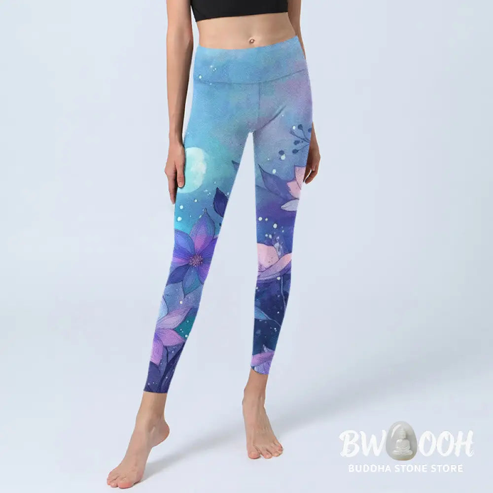 BWOOOH lotus print yoga leggings - Moon Lotus Flower Pattern Print Gym Legg