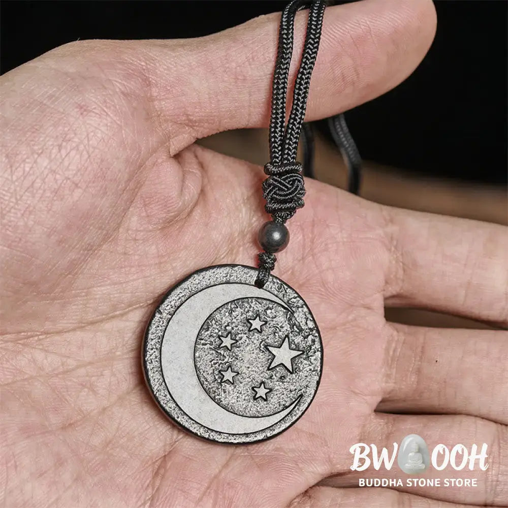 Buddha Stones Moon Star Round Design Authentic Shungite Stone Protection Necklace Pendant - BWOOOH - Shungite