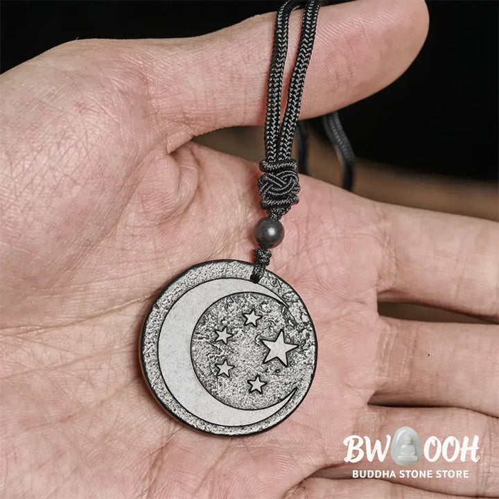 Buddha Stones Moon Star Round Design Authentic Shungite Stone Protection Necklace Pendant - BWOOOH - Shungite