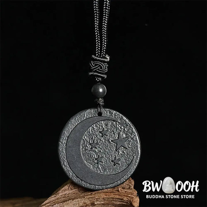 Buddha Stones Moon Star Round Design Authentic Shungite Stone Protection Necklace Pendant - BWOOOH - Shungite