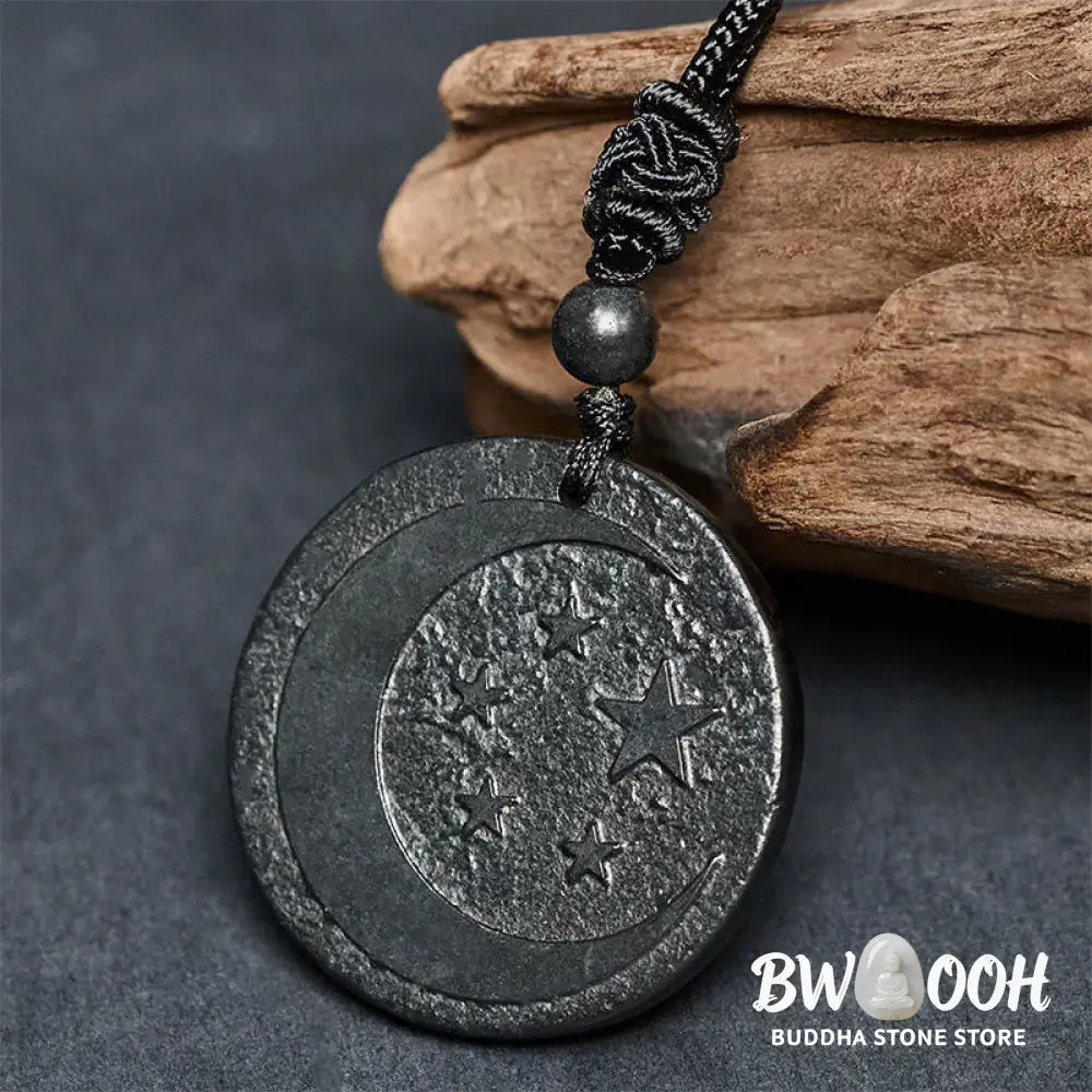 Buddha Stones Moon Star Round Design Authentic Shungite Stone Protection Necklace Pendant - BWOOOH - Shungite