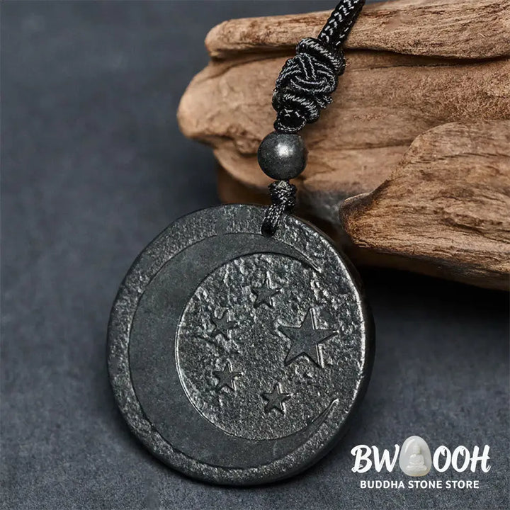 Buddha Stones Moon Star Round Design Authentic Shungite Stone Protection Necklace Pendant - BWOOOH - Shungite
