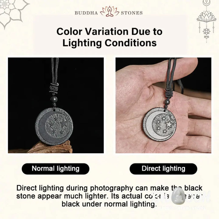 Buddha Stones Moon Star Round Design Authentic Shungite Stone Protection Necklace Pendant - BWOOOH - Shungite