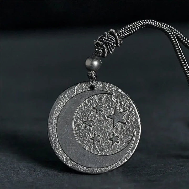 Buddha Stones Moon Star Round Design Authentic Shungite Stone Protection Necklace Pendant - BWOOOH - Shungite