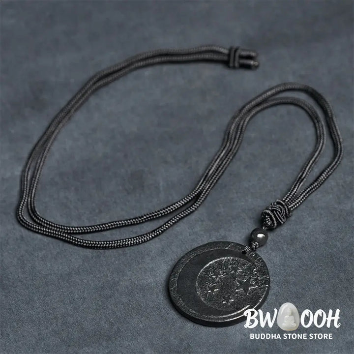 Buddha Stones Moon Star Round Design Authentic Shungite Stone Protection Necklace Pendant - BWOOOH - Shungite