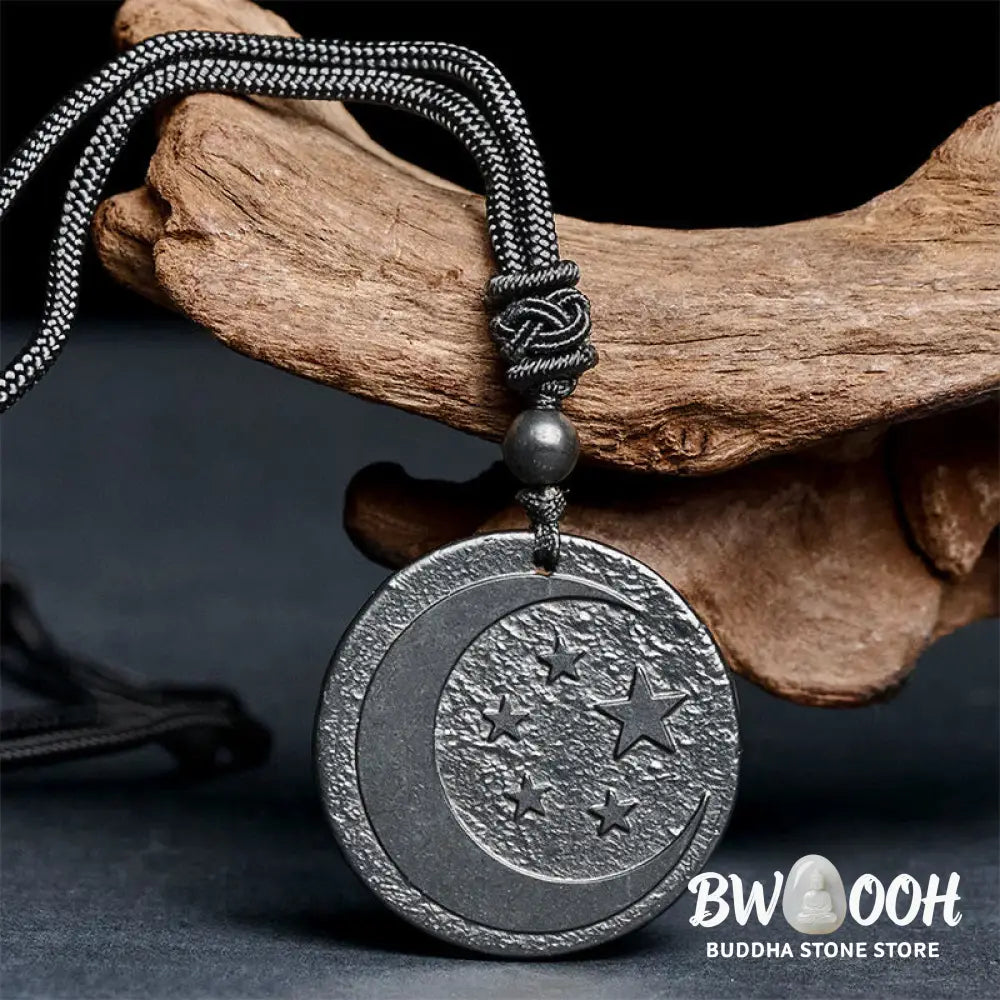 Buddha Stones Moon Star Round Design Authentic Shungite Stone Protection Necklace Pendant - BWOOOH - Shungite