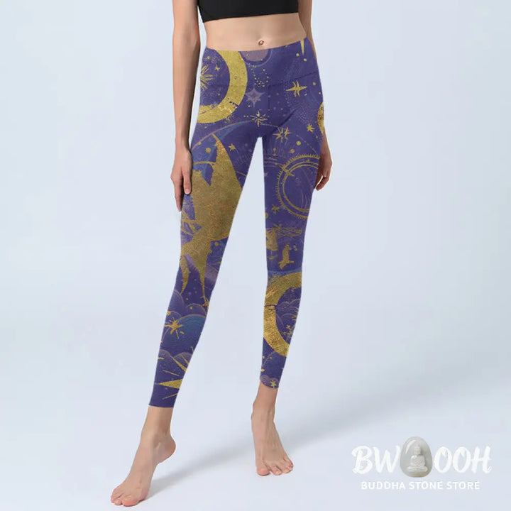 BWOOOH printed yoga leggings - Moon Sun Stars Print Gym Leggings Women&