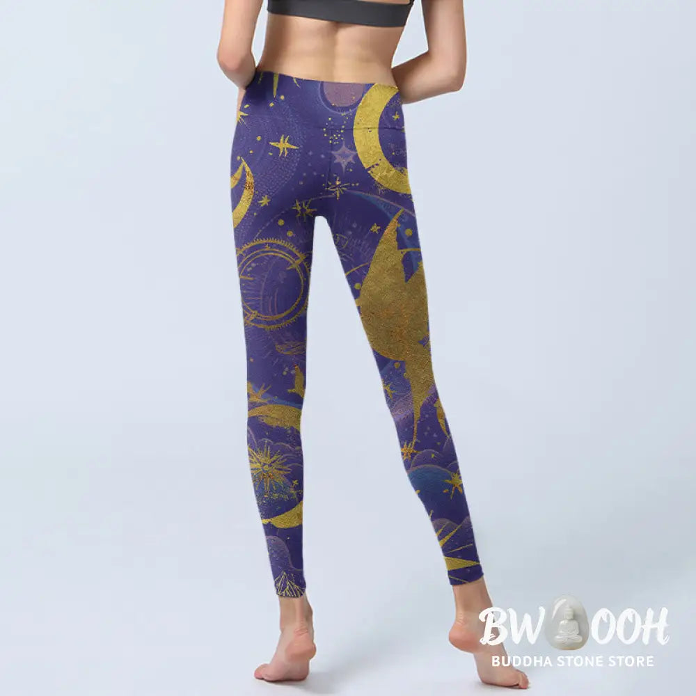 BWOOOH printed yoga leggings - Moon Sun Stars Print Gym Leggings Women&