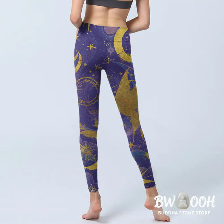 BWOOOH printed yoga leggings - Moon Sun Stars Print Gym Leggings Women&