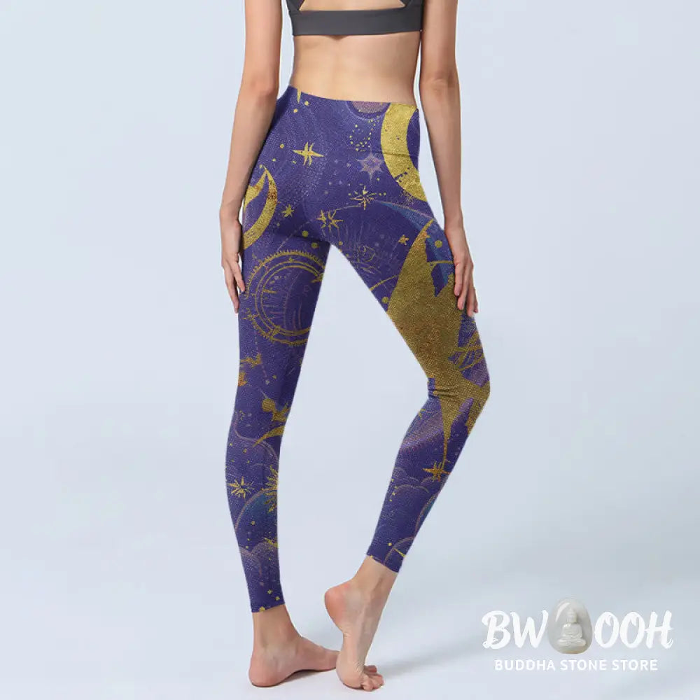 BWOOOH printed yoga leggings - Moon Sun Stars Print Gym Leggings Women&