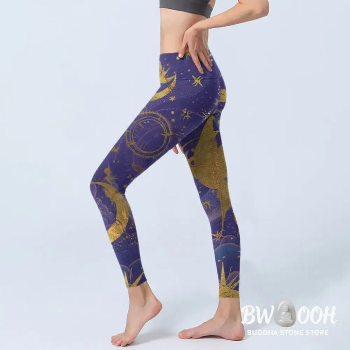 BWOOOH printed yoga leggings - Moon Sun Stars Print Gym Leggings Women&