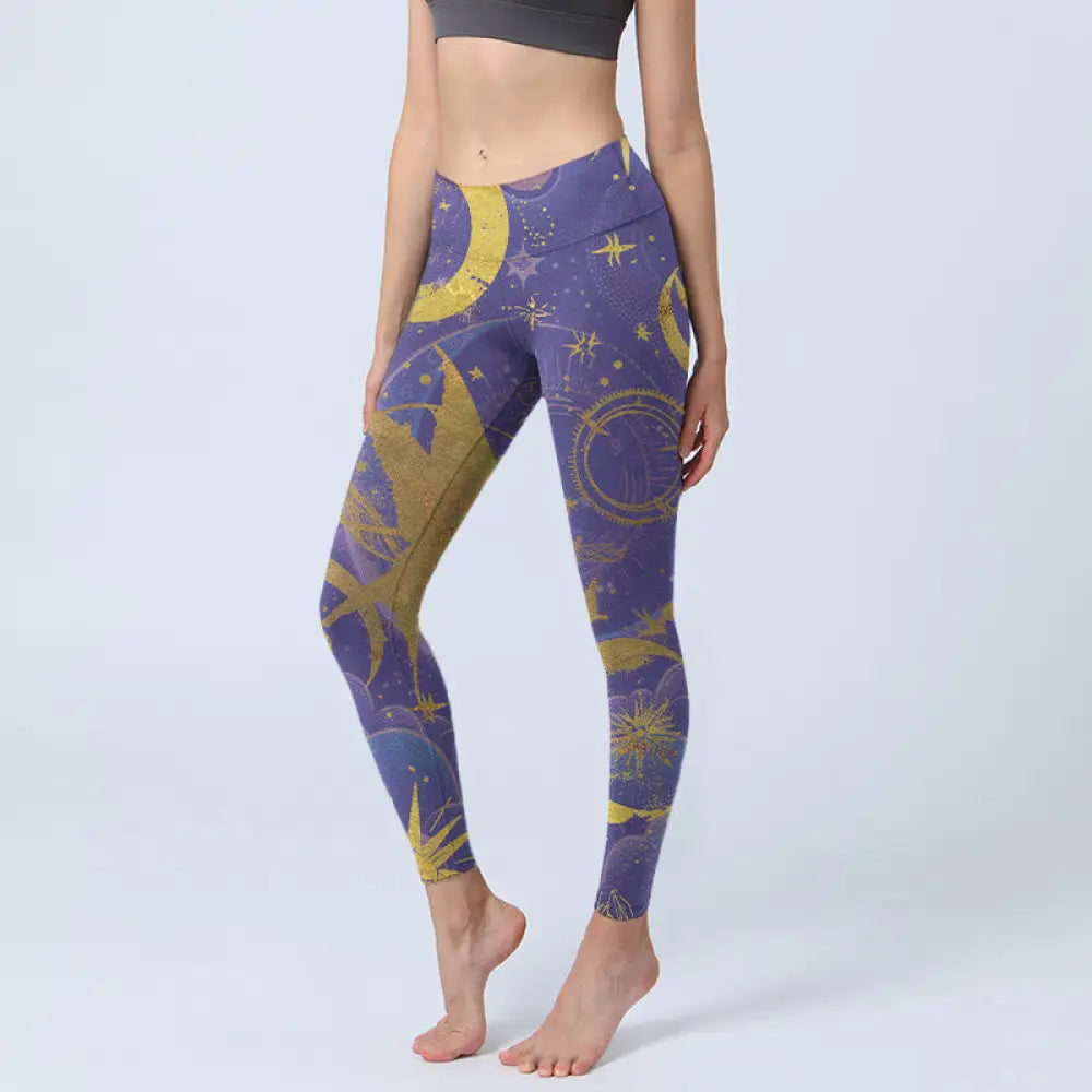 BWOOOH printed yoga leggings - Moon Sun Stars Print Gym Leggings Women&