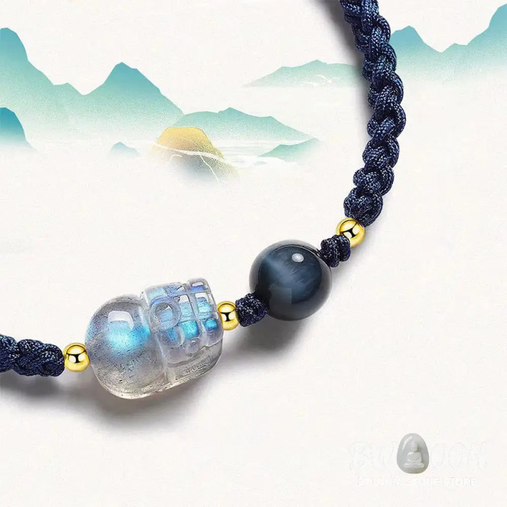 Buddha Stones Moonstone PiXiu Blue Tiger Eye Fu Character Healing Couple String Bracelet - BWOOOH - Bracelet