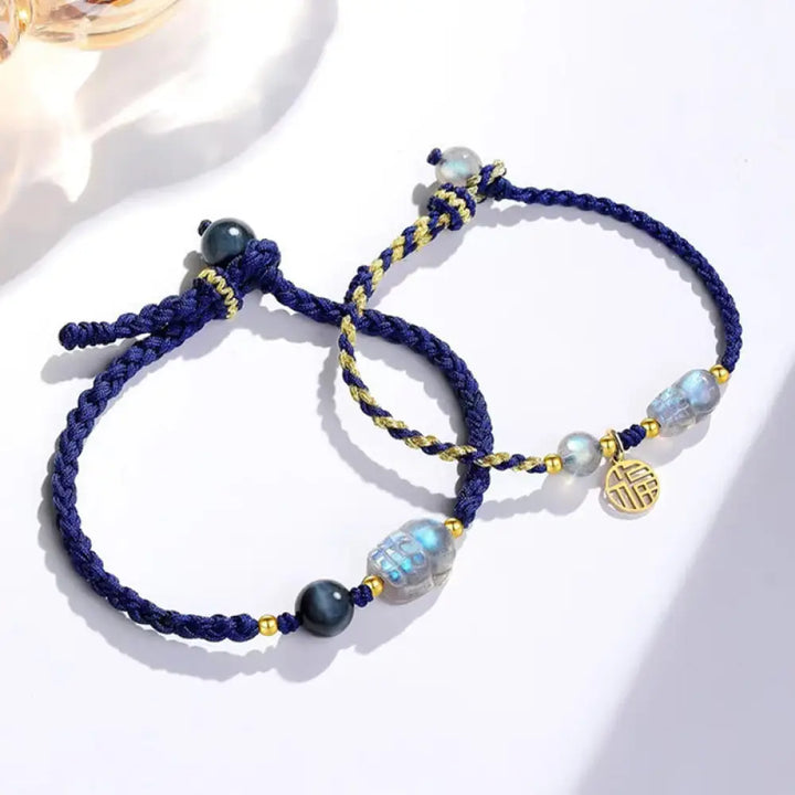 BWOOOH Moonstone PiXiu Blue Tiger Eye Fu Character Healing Couple String Bracelet - BWOOOH - Blue&amp;Blue Gold Fu