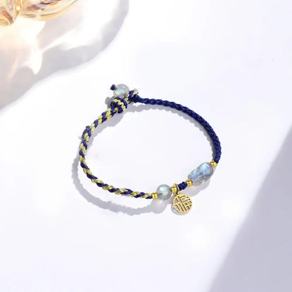 Buddha Stones Moonstone PiXiu Blue Tiger Eye Fu Character Healing Couple String Bracelet - BWOOOH - Blue Gold Fu