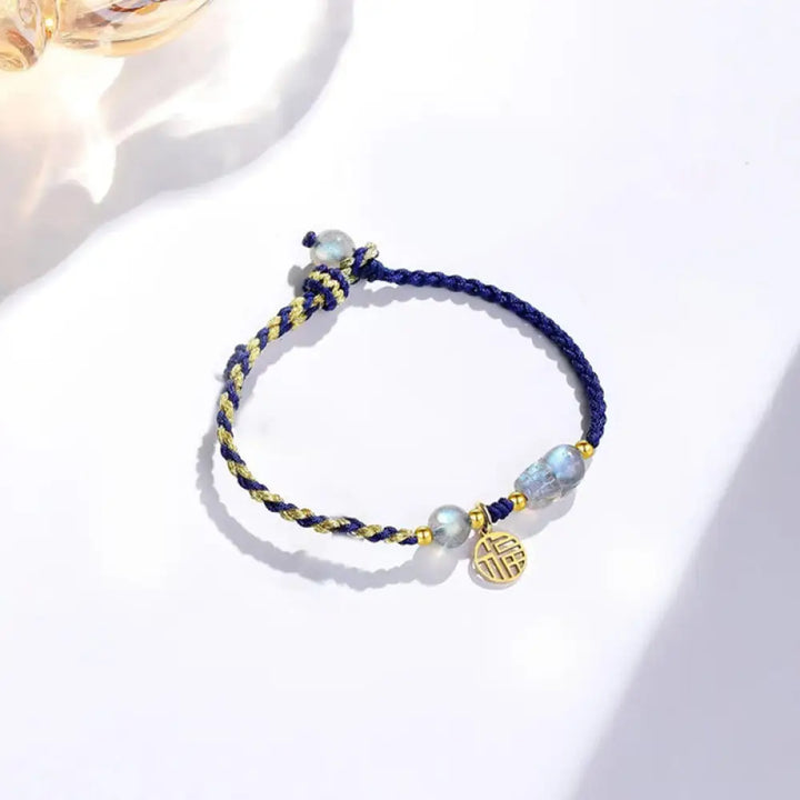 Buddha Stones Moonstone PiXiu Blue Tiger Eye Fu Character Healing Couple String Bracelet - BWOOOH - Blue Gold Fu
