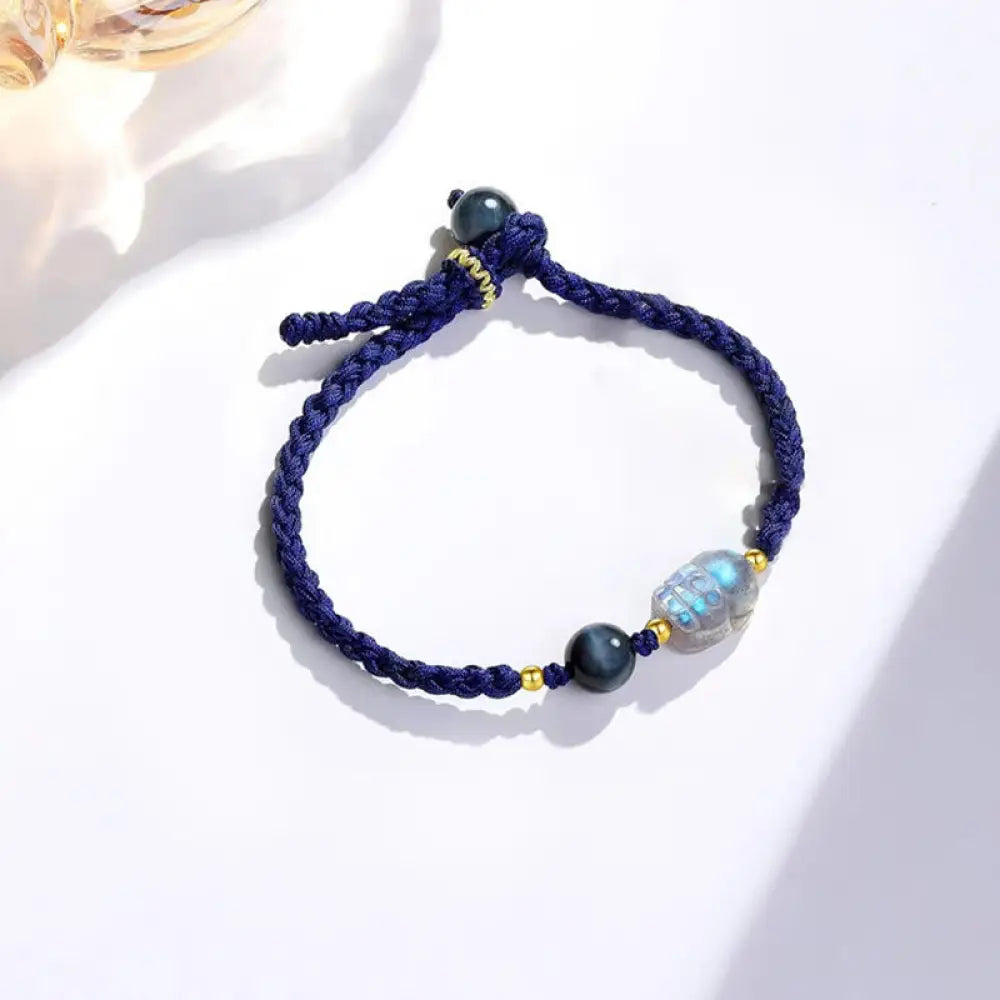 Buddha Stones Moonstone PiXiu Blue Tiger Eye Fu Character Healing Couple String Bracelet - BWOOOH - Blue(Wrist