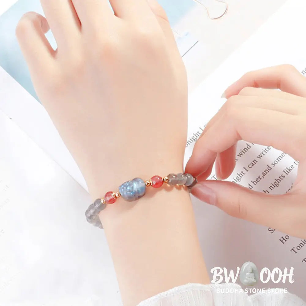 BWOOOH Moonstone Strawberry Quartz PiXiu Healing Bracelet | natural stone spiritual bracelet for healing and mindful living