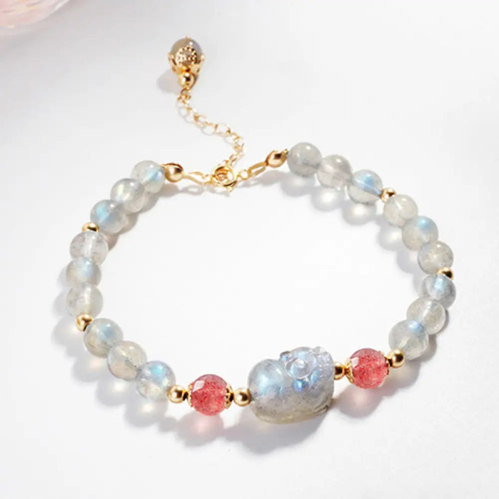 BWOOOH Moonstone Strawberry Quartz PiXiu Healing Bracelet | natural stone spiritual bracelet for healing and mindful living