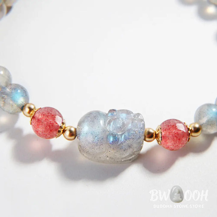 BWOOOH Moonstone Strawberry Quartz PiXiu Healing Bracelet | natural stone spiritual bracelet for healing and mindful living