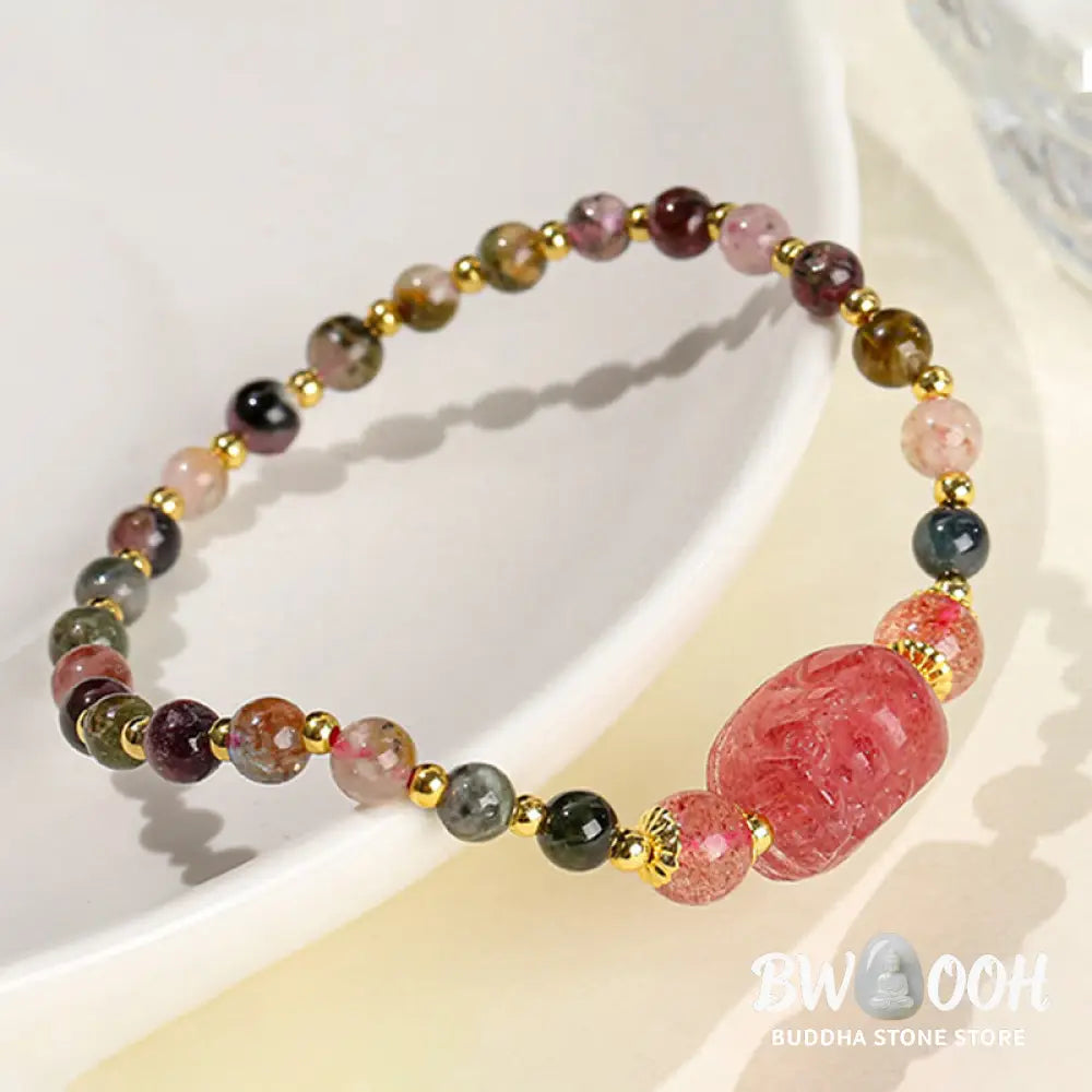 Buddha Stones Moonstone Strawberry Quartz Tourmaline PiXiu Healing Bracelet - BWOOOH - Bracelet