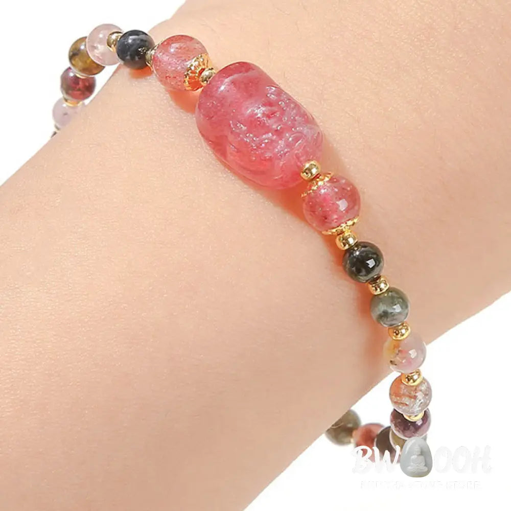 Buddha Stones Moonstone Strawberry Quartz Tourmaline PiXiu Healing Bracelet - BWOOOH - Bracelet