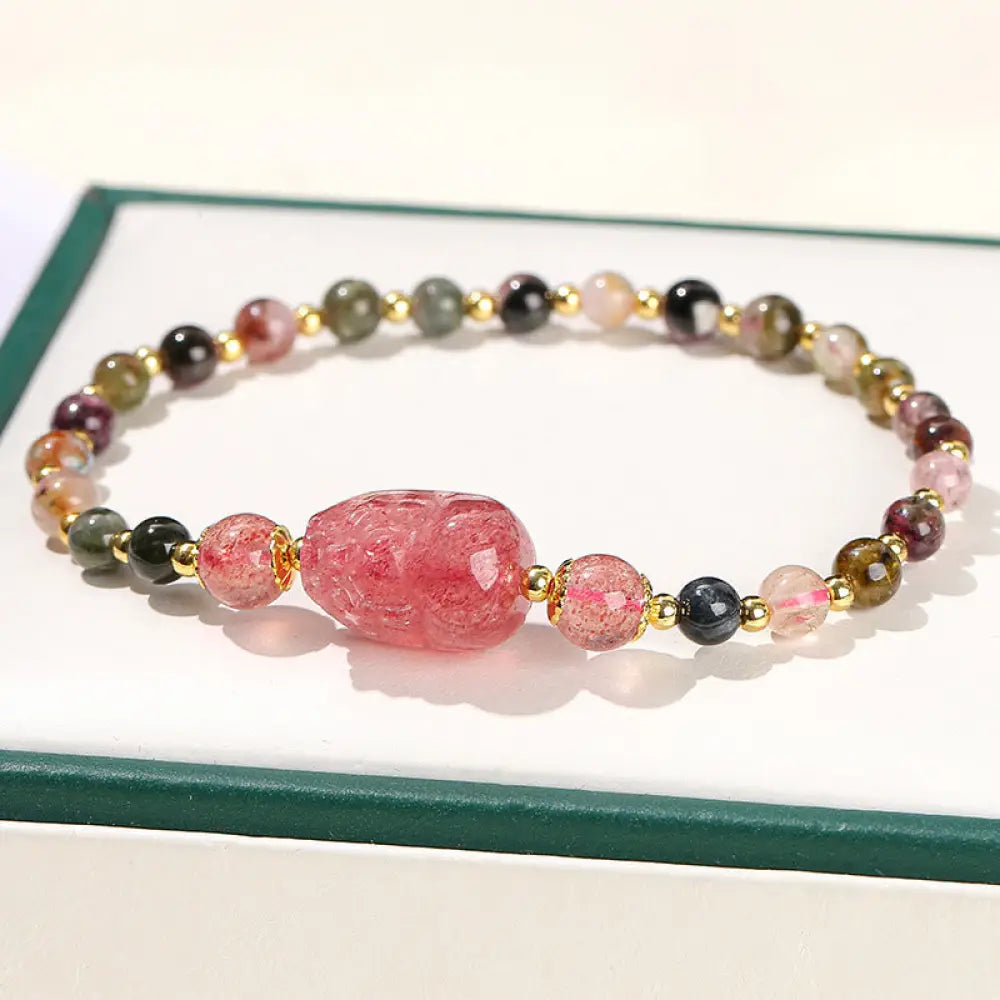 Buddha Stones Moonstone Strawberry Quartz Tourmaline PiXiu Healing Bracelet - BWOOOH - Tourmaline(Wrist Circumference