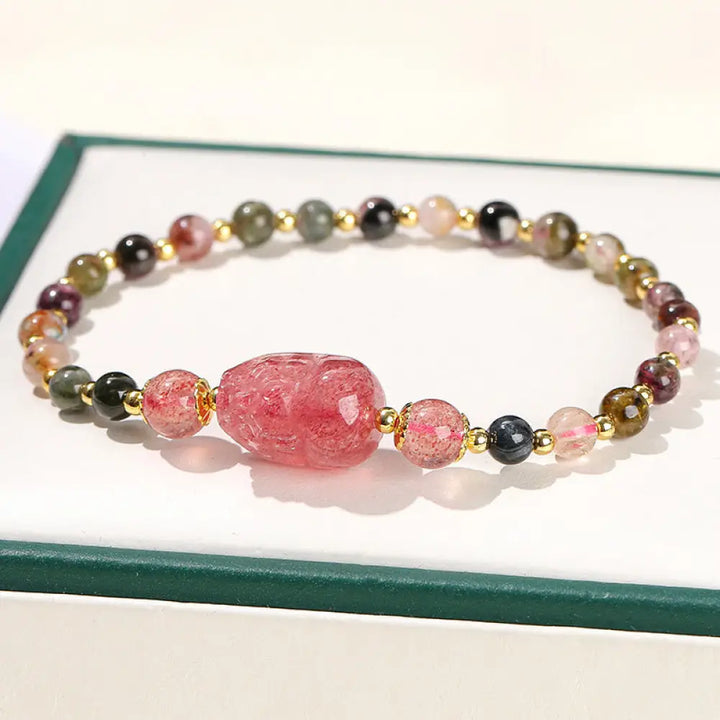 Buddha Stones Moonstone Strawberry Quartz Tourmaline PiXiu Healing Bracelet - BWOOOH - Tourmaline(Wrist Circumference