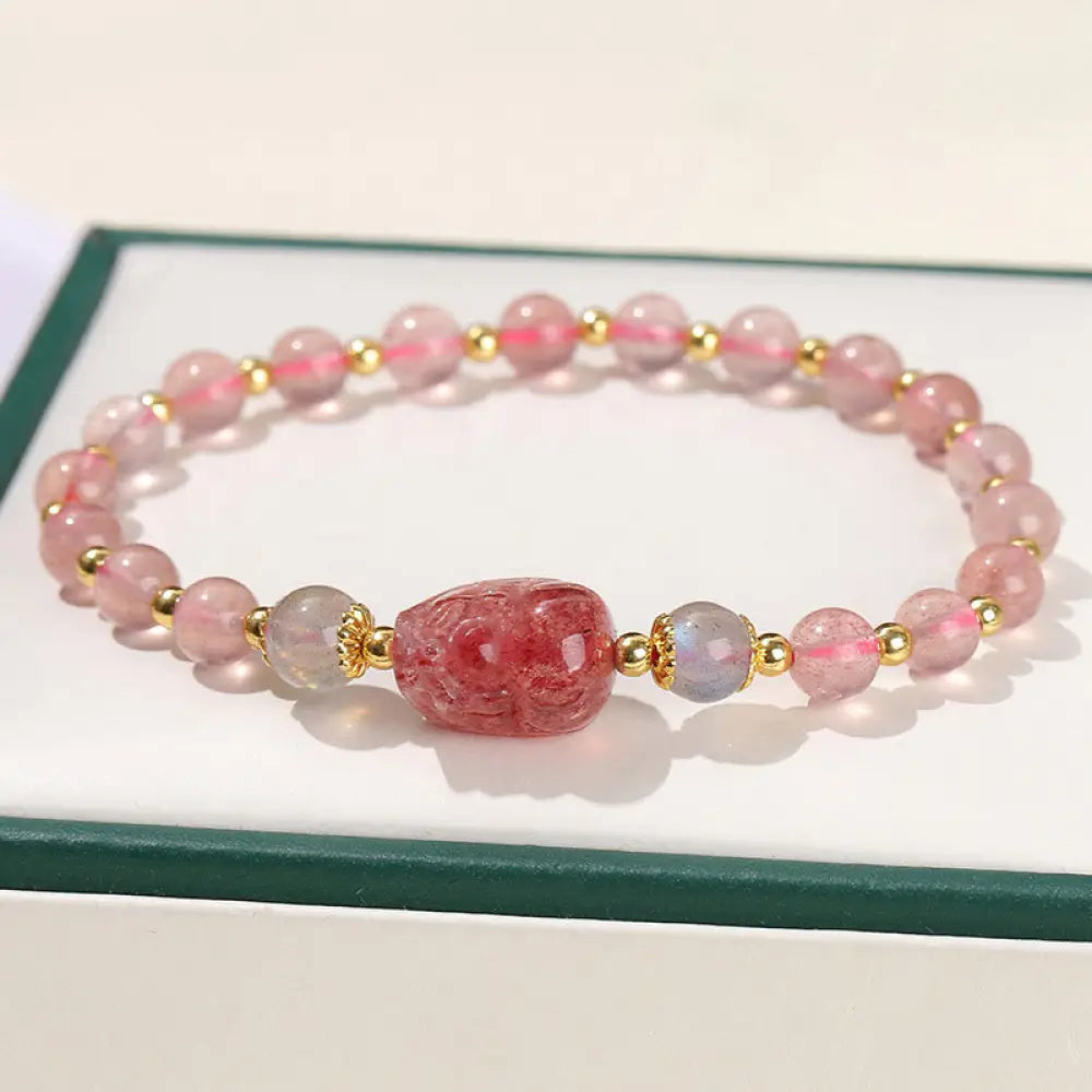 Buddha Stones Moonstone Strawberry Quartz Tourmaline PiXiu Healing Bracelet - BWOOOH - Strawberry Quartz(Wrist