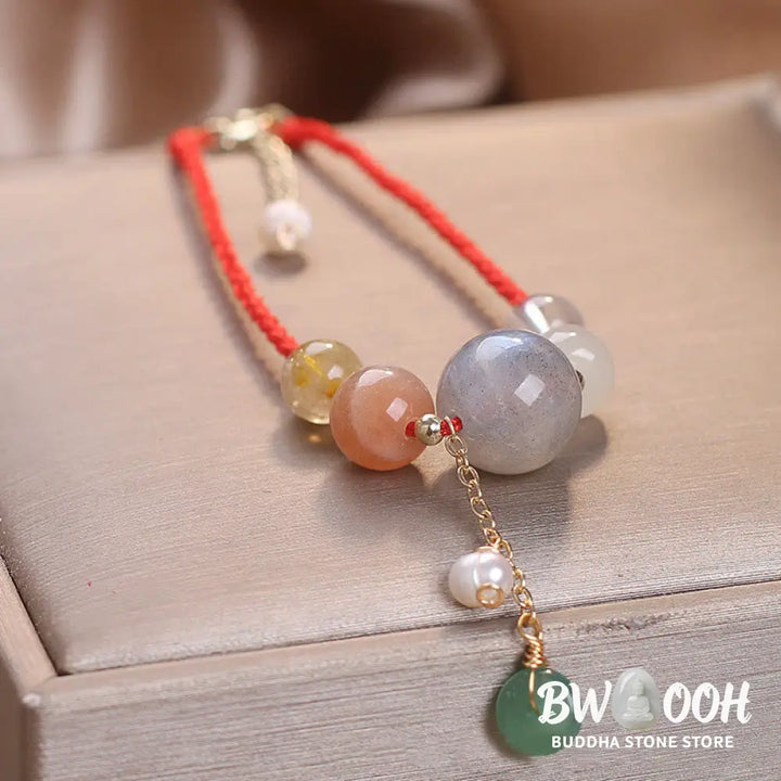 Buddha Stones Moonstone Sunstone Beads Peace Buckle Charm Healing Bracelet - BWOOOH - Bracelet