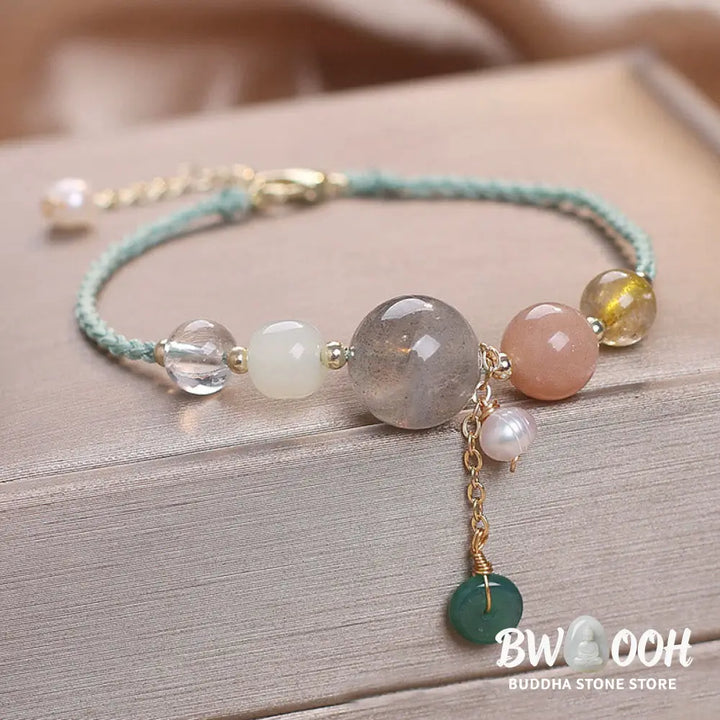 Buddha Stones Moonstone Sunstone Beads Peace Buckle Charm Healing Bracelet - BWOOOH - Bracelet
