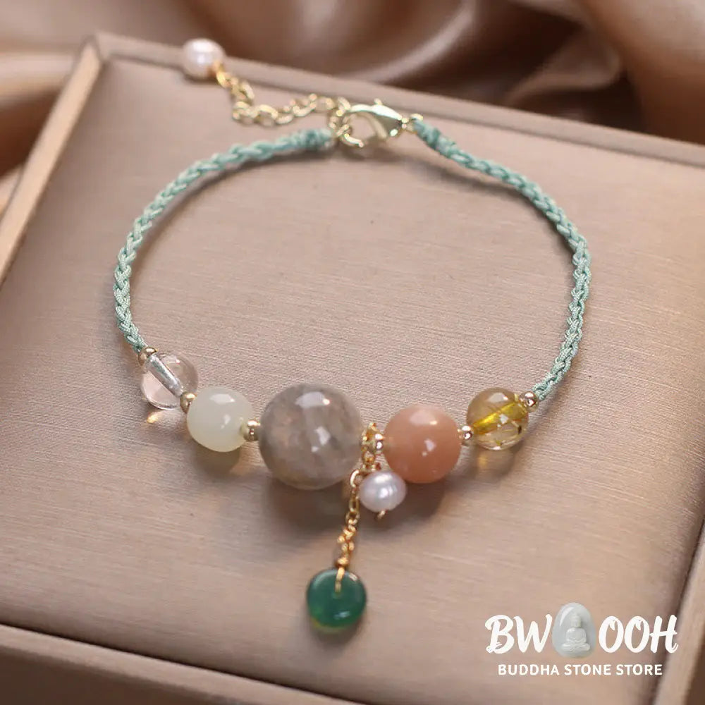 Buddha Stones Moonstone Sunstone Beads Peace Buckle Charm Healing Bracelet - BWOOOH - Bracelet