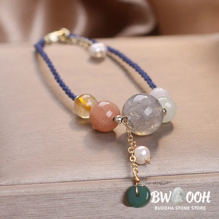 Buddha Stones Moonstone Sunstone Beads Peace Buckle Charm Healing Bracelet - BWOOOH - Bracelet