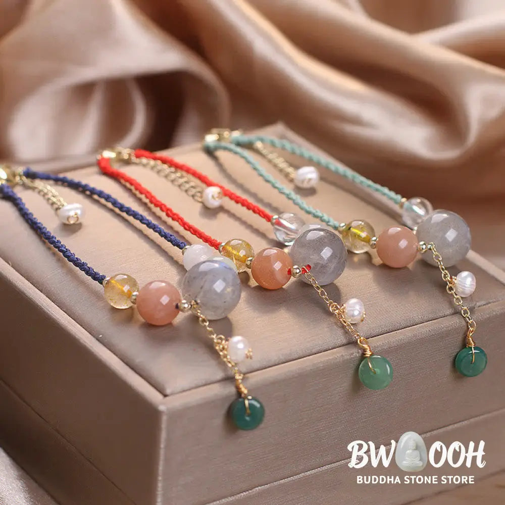 Buddha Stones Moonstone Sunstone Beads Peace Buckle Charm Healing Bracelet - BWOOOH - Bracelet