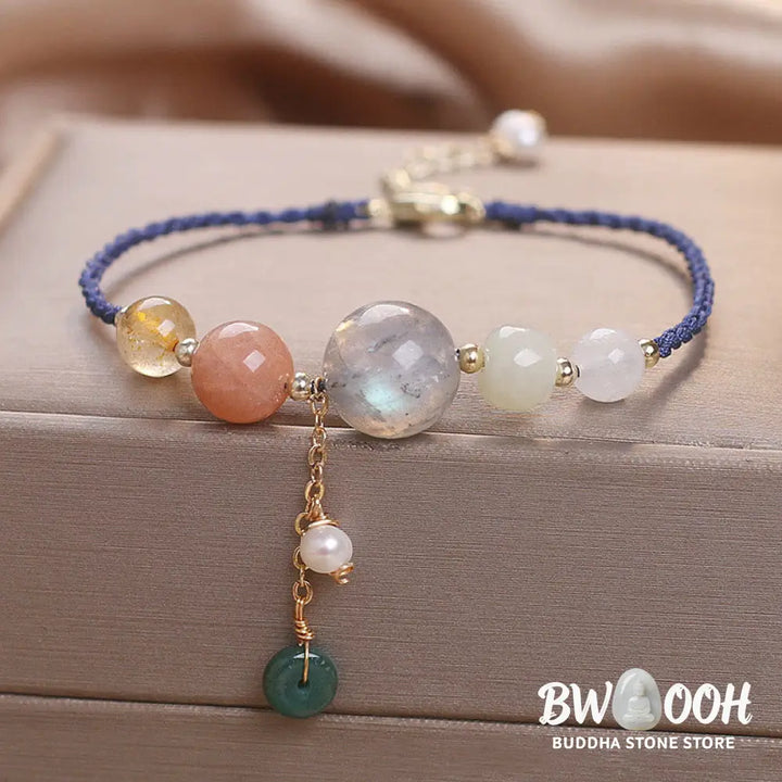 Buddha Stones Moonstone Sunstone Beads Peace Buckle Charm Healing Bracelet - BWOOOH - Bracelet