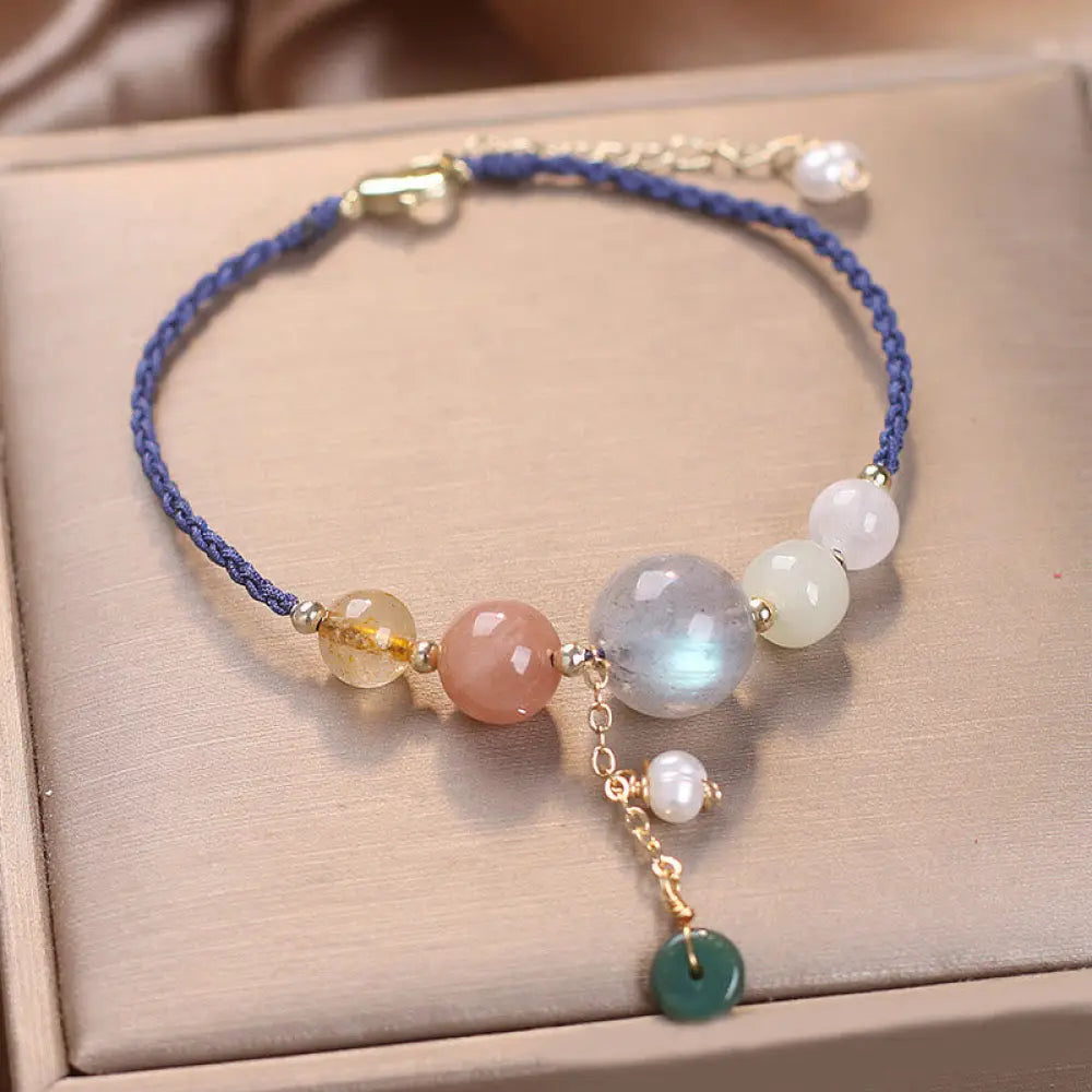 Buddha Stones Moonstone Sunstone Beads Peace Buckle Charm Healing Bracelet - BWOOOH - Blue Rope Moonstone(Wrist