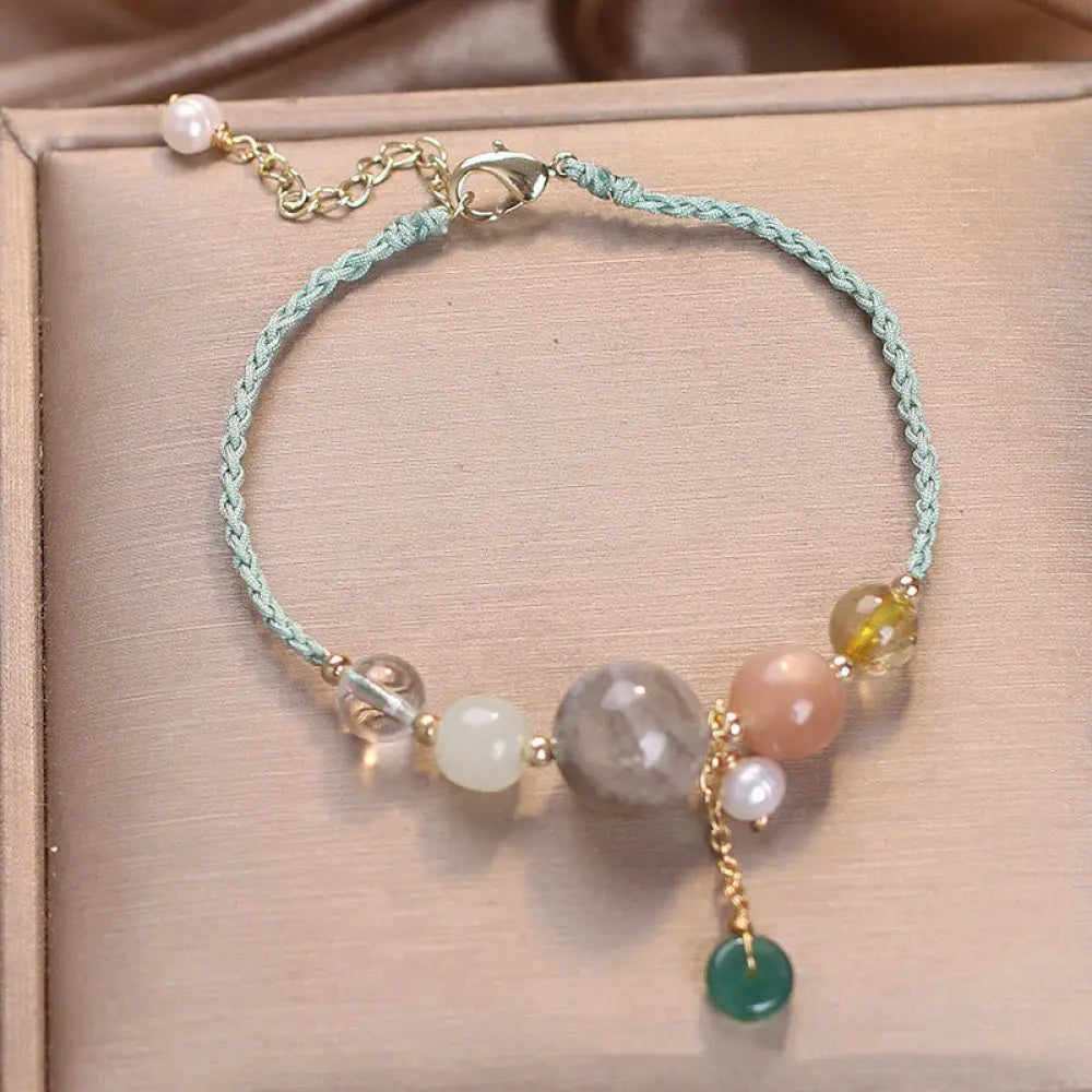 Buddha Stones Moonstone Sunstone Beads Peace Buckle Charm Healing Bracelet - BWOOOH - Green Rope Moonstone(Wrist